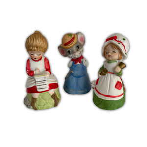 Vintage Ceramic Jasco Bells Lot of 3 - Mouse, Girl Seated Writing, Woman Apron